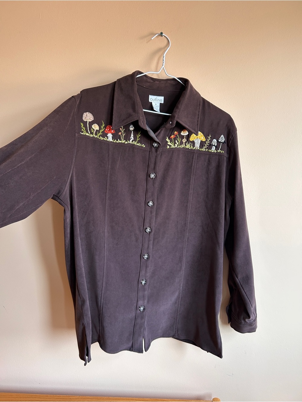 Upcycled Vintage Brown Button-Up Shirt with Mushroom Embroidery